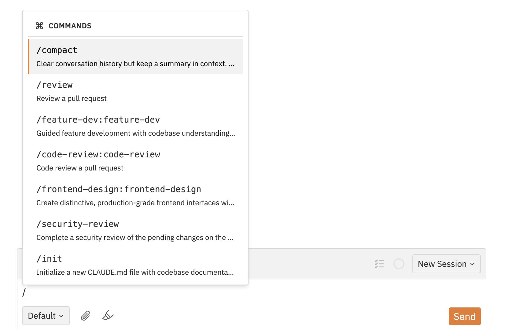 Slash command typeahead showing available commands when typing a forward slash